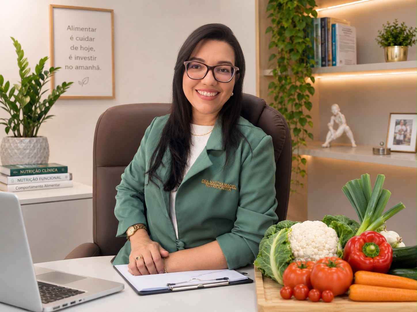 Martha Maciel no consultório com alimentos frescos