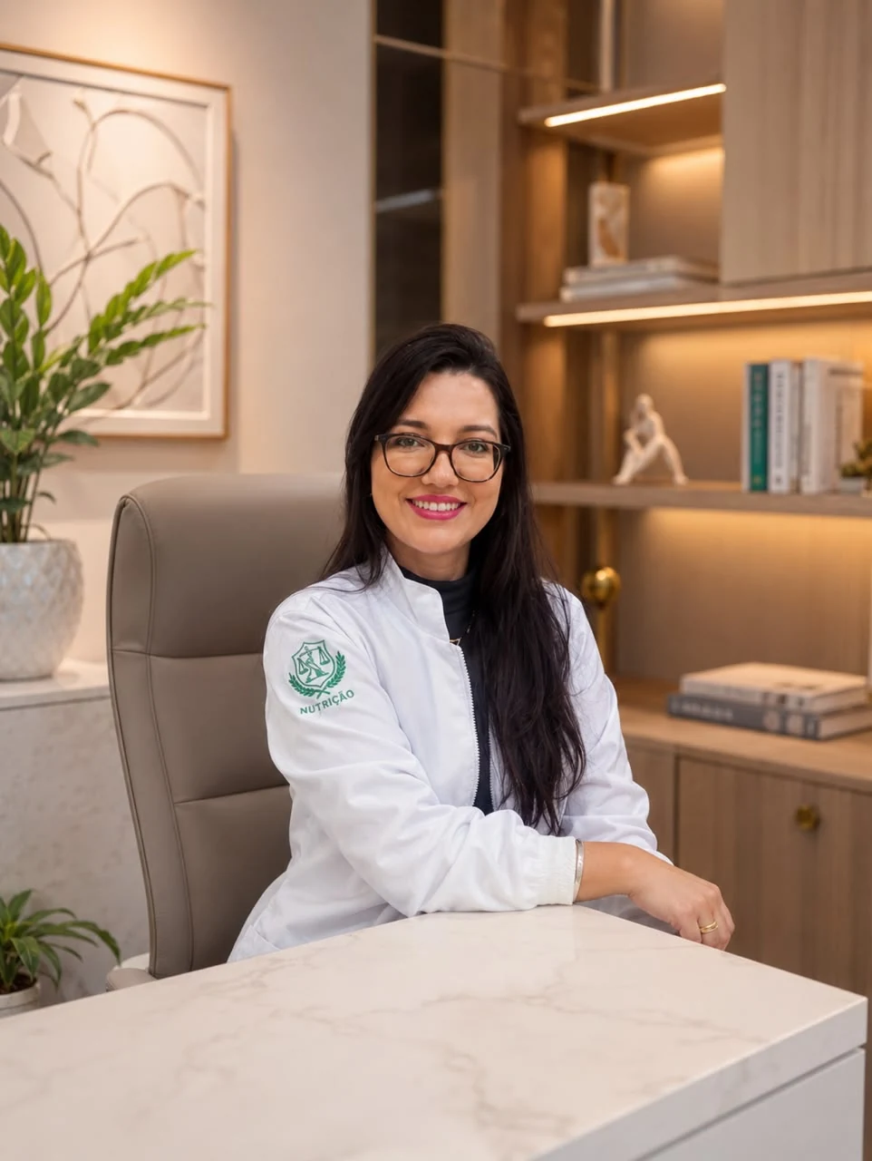 Martha Maciel com jaleco em seu consultório